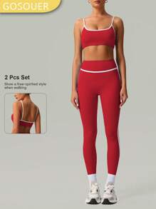 GOSOUER 2 件套 CO Ord 套装春夏女士时尚白色线条瑜伽运动文胸和紧身裤 - 紅色 - 查看 3