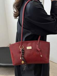 1 件绗缝拉链封口 PU 纯色保龄球包，大容量手提包，新款时尚高品质单肩包，复古风格，非常适合女性日常使用 - 紅色 - 查看 2