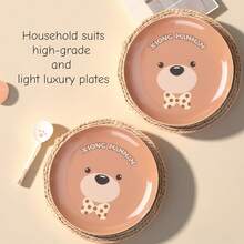 2pcs-10-Inch Cartoon Ceramic Dinner Plates Featuring Cute Little Bears, Ideal For Home Use As Heat-Resistant Breakfast Plates. - Khaki - View 4
