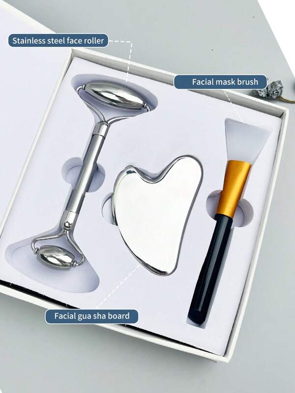 3pcs Facial Massage Set, Including Stainless Steel Gua Sha Board, Stainless Steel Face Roller, And A Face Mask Brush. Non-Electric, Practical Massage Tools In A White Gift Box, Great Gift For Mother Or Friends