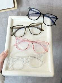 4副彩色塑料几何全框休闲透明眼镜，女士款，适合日常生活、音乐节、度假装扮、节日礼物，适合所有脸型。 - 4pcs 黑透明粉綠框白平 - 查看 3