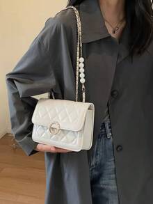 Perle einfarbige Diamant-Stickerei Umhängetasche, lässig klassisch vielseitig für den täglichen Gebrauch, modische personalisierte Tasche, geeignet für tägliches Outfit, Fotos, Einkaufen, Dates, Ausflüge, Reisen, Meer, Strand, tragbar, geeignet für Mädchen, weibliche Studenten, sehr geeignet für Büro, Universität, Mittelschule, Oberschule, Arbeit. - Beige - Übersicht 2