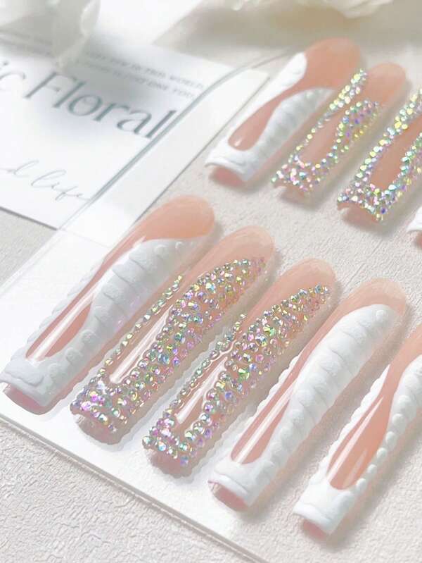 10pcs Handmade Press On Gift Box Included Luxury Nude Pink White Crocodile 3D Long Coffin Ballerina Nails AB Rhinestone V Shape Decorations Elegant Party Wedding False Nails Nailrosy