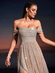Women's Sexy Off-Shoulder Ruffle Waist Slit Maxi Party Dress, Bridesmaid Dress Women's Elegant Autumn Fashion Long Dress Women's New Year's Eve & Christmas Long Dress - Apricot - View 2