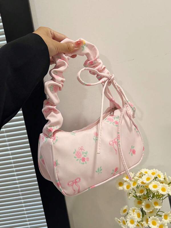 1 Peça Bolsa Transversal de Lona Floral Versátil, Bolsa com Alça de Ombro Casual Fofa com Cordão Embaixo do Braço, Portátil