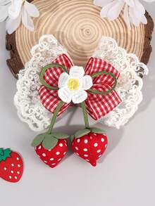 1 件女孩可爱草莓蝴蝶结发夹，配可爱草莓球尾和花朵装饰，花卉刺绣米色蕾丝蝴蝶结发夹 - 迷人甜美水果风格，适合日常穿着、学校、派对和春夏 - 彩色 - 查看 8