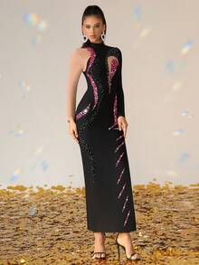 Love Aing Women's Handmade Rhinestone & Colorful Diamond Mesh Splice Slit Contrast Color Elegant Sexy Fitted Cocktail Party Dress, Suitable For Wedding Guest