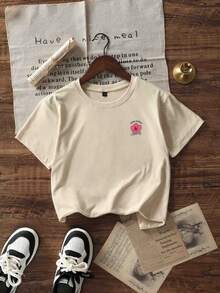 女童休闲杏色印花圆领短袖 T 恤，青少年和学生夏季上衣