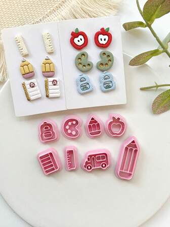 Back To School Polymer Clay Earring Cutters, Cute Embossing Clay Earring Cutter For Polymer Clay Jewelry Making, Polymer Clay Stud Earring Making Tool, Clay Jewelry Making Kit, School Bus, Bag, Pencil, Ruler, Notebook, Apple, Drawer, Pencil, Ruler, Pen, Perfect For Gifts