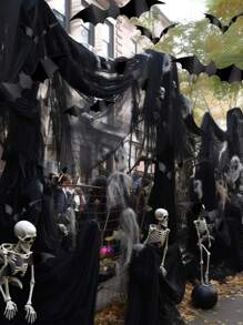 Tela negra de malla de Halloween y 60 pegatinas 3D de murciélagos aterradores. Tela de terror para decoración de habitación de Halloween, para casa encantada, fiesta de Halloween, patio, pared, entrada y decoración exterior. Decoración de pared interior para fiestas de Halloween