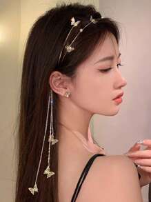 1 pezzo Cerchietto da sposa con farfalla, cerchietto con nappine e cristalli, accessorio per capelli con orecchini finti e catena per capelli, accessori per capelli per donne e ragazze
