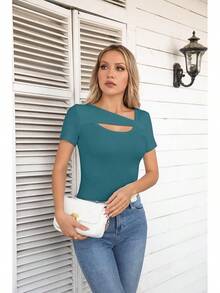 Womens Fashion Fall Cutout Long Sleeve Ribbed Slim Fitted Tops Shirts Tee Tshirts - Short-teal - View 7