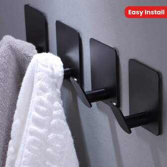 [Matte Black Hooks] 2pcs/4pcs Adhesive Hooks - Towel/Coat Hooks - Matte Black, Stainless Steel Wall Hooks Stick On Bathroom Or Kitchen Bathroom Accessories