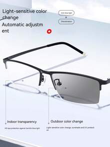 男女款变色太阳镜 - 复古金属半框矩形镜框 | 海滩、旅行和户外紫外线防护 | 电脑、游戏和数码设备蓝光阻隔 | 缓解眼疲劳，时尚商务休闲眼镜 | 非处方平面镜片 - 黑色 - 查看 1
