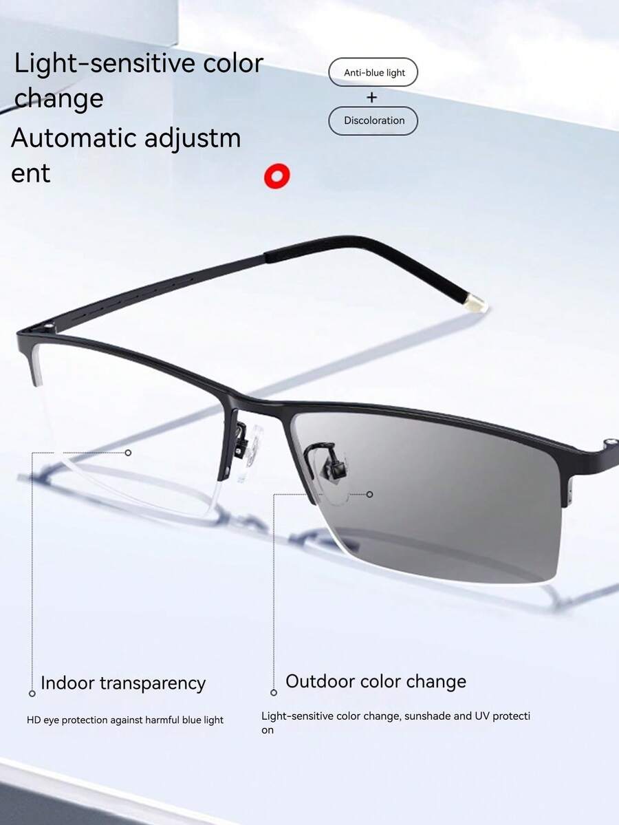 男女款变色太阳镜 - 复古金属半框矩形镜框 | 海滩、旅行和户外紫外线防护 | 电脑、游戏和数码设备蓝光阻隔 | 缓解眼疲劳，时尚商务休闲眼镜 | 非处方平面镜片 - 黑色 - 查看 1