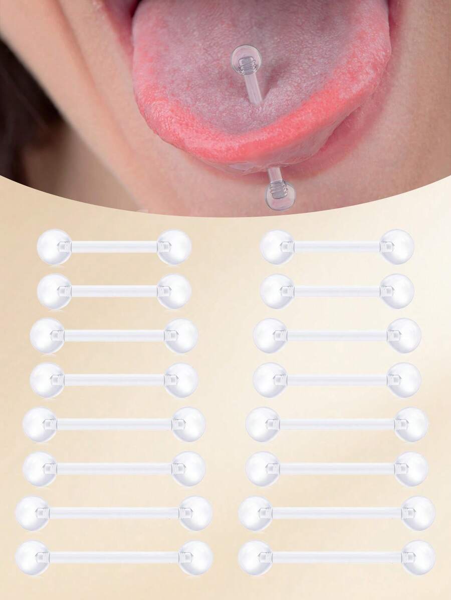 TOKRING 8 Pairs/Set Casual 14G Transparent Bioflex Flexible Acrylic Straight Bar Tongue Rings/Nipple Rings/Piercing Retainers 12mm 14mm 16mm 19mm, Transparent Plastic Tongue Rings/Industrial Earrings/Pregnancy Belly Button Rings Bioflex Flexible Acrylic Straight Bar Piercing Jewelry Retainers, Suitable For Work And Sports - Straight Tongue Ring - View 1