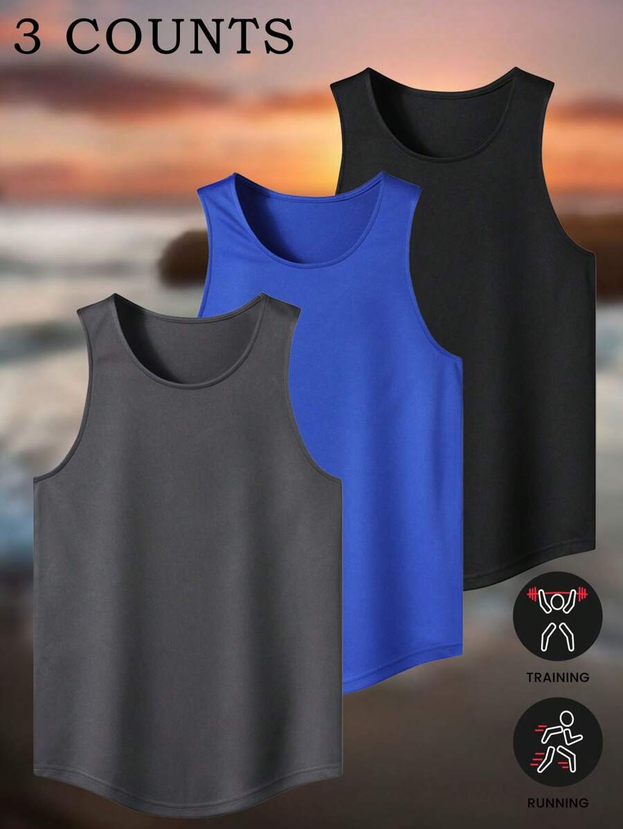 3 Stücke Set Herren Feuchtigkeitstransportierende Weste T-Shirts für Frühling/Sommer, Rundhals Lässig Sport eisige Seide Weste & Kurzarm locker sitzende eisige Seide T-Shirts, atmungsaktiv