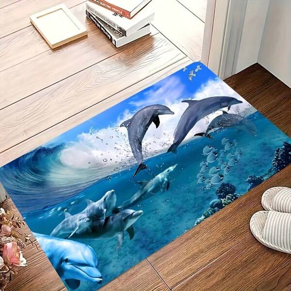 Lightweight Ocean Breeze 3D Dolphin Print 1 Piece Area Rug - Machine Washable Knit Polyester Bathroom Mat, Suitable For Home Decor - Indoor/Outdoor Rectangle Floor Mat, Blue, Digital Printing, Living Room