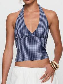 Women's Halter Neck Vest Summer Sleeveless Open Back  Plaid Party Tank Tops - 藏青色 - 查看 2
