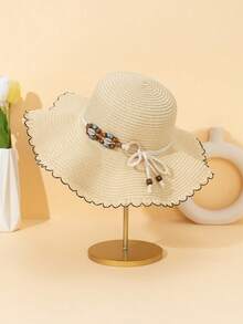 1 szt. Damski kapelusz ze słomy z muszli, zdobiony muszlą, boho, na lato, kokarda, turystyka na wakacje na plaży, kapelusz słomkowy z parasolem