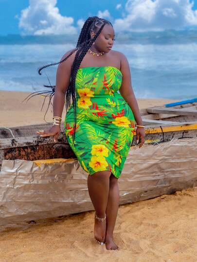 CurvyTilda Tildaharris Plus Size Tropical Print Strapless Dress For Summer, Beach Dress Sundress, Holiday Outfits Boho, For Hourglass Body Shape