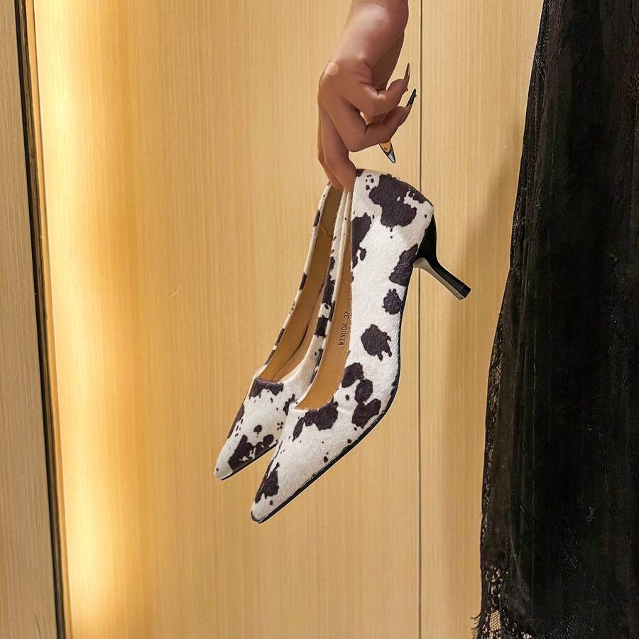 Damen Spitze Zehen Kuh Muster Alltagstragen High Heels - Schwarz - Übersicht 1
