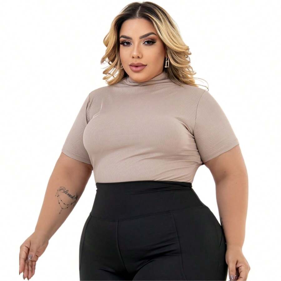 Cacharrel Women's Plus Size Blouse Short Sleeve High Neck Ribbed GG To G3 - Beige - View 1