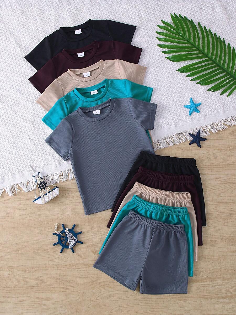 10pcs/Set Boys' Casual Colorful Knit Fabric T-Shirt Matched With Colorful Shorts Outdoor Suit, Spring/Summer - Multicolor - View 1