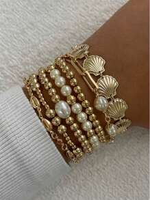 5 Stücke/Set modische und vielseitige Reisperlen-Perlen-Rundanhänger-Armbänder, geeignet als Accessoires für Frauen für Sommer, Strandurlaub und den Alltag