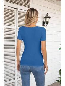 Womens Fashion Fall Cutout Long Sleeve Ribbed Slim Fitted Tops Shirts Tee Tshirts - 短藍 - 查看 4