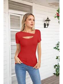 Womens Fashion Fall Cutout Long Sleeve Ribbed Slim Fitted Tops Shirts Tee Tshirts - Short-red - View 3