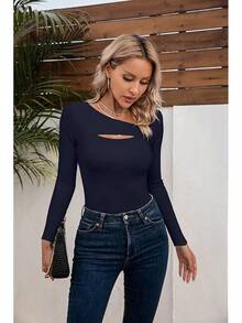 Womens Fashion Fall Cutout Long Sleeve Ribbed Slim Fitted Tops Shirts Tee Tshirts - Long-navy - View 7