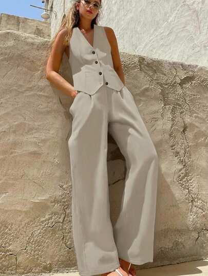 2pcs/Set Women's Solid Color Button Up Deep V Neck Sleeveless Vest Tops And High Waist Wide Leg Pants With Pocket Casual Set, Summer,Graduation, Holiday, Linen Color Linen Suit, Casual Spring Summer Two Pieces Outfit, Vacation Outfit, Women's Clothing,Old Money, Saint Patrick St Patrick Day Outfit, Easter Women