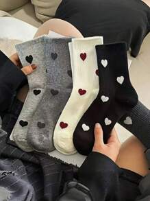 5 Pairs Women Mid-Calf Socks With Gray Heart Print, Versatile & Casual