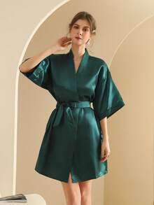 Women's Silk Nightgown Wedding Dressing Robe Lightweight Cardigan Robe Bridal Morning Robe Friend's Robe, Suitable For Home And Hotel Wear. - Dark Green - View 7