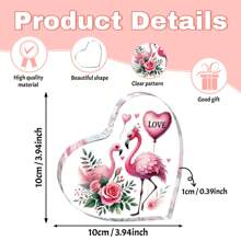 زينة أكريليك قلب بشكل فلامنغو مسطح 2D - بتصميم وردة وبالونات زهرية، مناسب لعيد الحب، عيد الميلاد، الذكرى السنوية، تركيب بدون بطاريات، زينة كلاسيكية بشكل فلامنغو للمكتب المسطح 2D