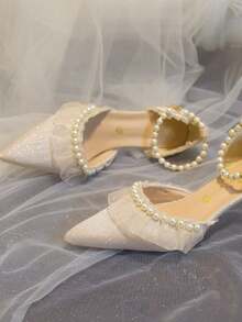 女士珍珠装饰尖头细高跟鞋，百搭时尚新娘凉鞋