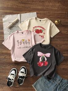 Set de 3 camisetas de cuello redondo de manga corta con estampado casual para niñas preadolescentes y estudiantes, blusas de verano - Multicolor - Ver 2