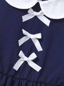 Girls' Long Sleeve Dress, Peter Pan Collar Bow Retro Style Dress, Navy Blue French Style Party Dress | Cute Young Girl Spring Outfit - Navy Blue - View 6