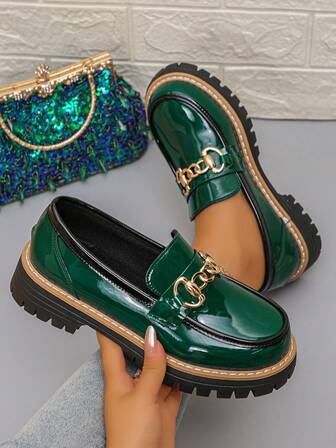 女士坡跟厚底一脚蹬鞋，纯色波西米亚风优雅复古金属链时尚百搭玛丽珍办公鞋