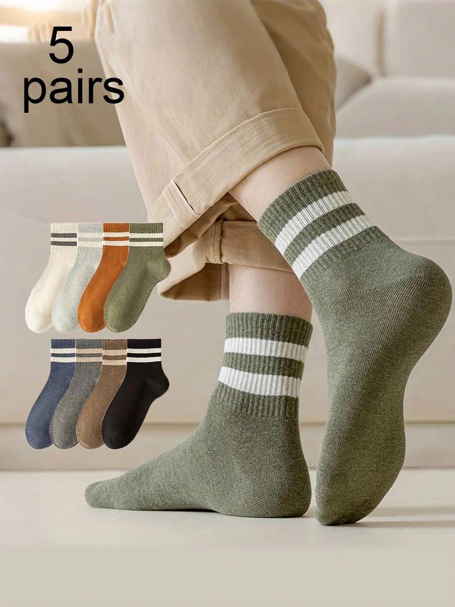 5 双男女通用简约双条纹中筒袜，百搭日常穿着，适合所有季节