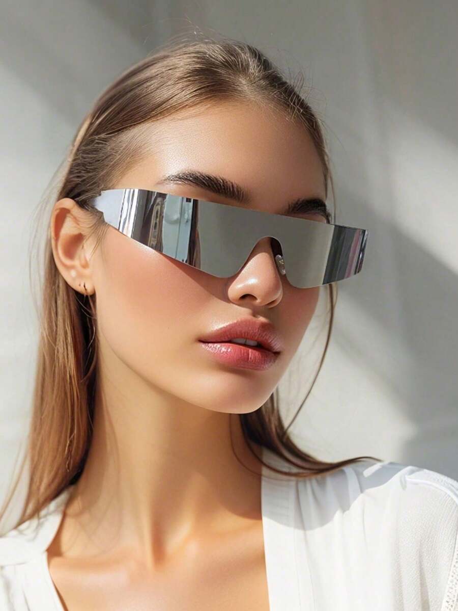 男女通用一体式无框眼镜 未来朋克 Y2K 风格 骑行运动时尚镜片 街头时尚眼镜 沙滩配饰 沙滩配饰 女士眼镜 时尚眼镜 环绕式墨镜 - 銀色 - 查看 1