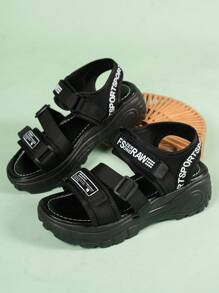 Casual Fashionable Versatile Simple Hook And Loop Webbing Women Sandals, White/Black Thick Bottom Hook&Loop Sandals, Suitable For Casual, Beach, School