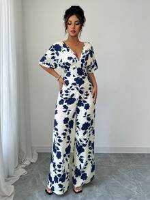 女式褶皱不对称黑白印花连体裤，腰带高腰阔腿宽松休闲工作连体裤 - 藏蓝色 - 查看 5