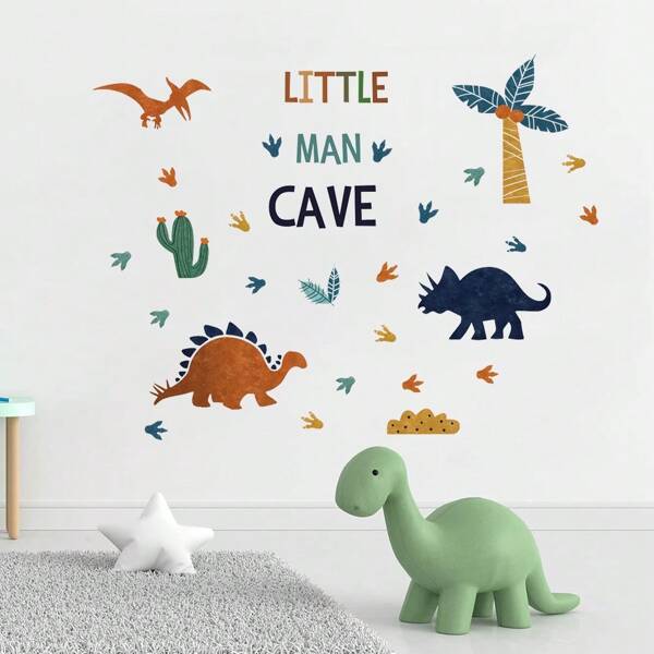 1 Set Pegatinas de pared con diseño de dinosaurio de dibujos animados y árbol de palma, citas inspiradoras, para dormitorio, sala de estar y decoración del hogar