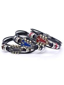 1pc Vintage Faux Leather Guitar Bracelet, Alloy Rock Music Guitar Bracelet For Men, Punk Style - Star - View 2