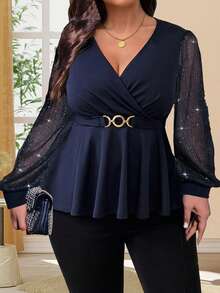 Women's Autumn V Neck Tops Long Sheer Mesh Sleeve Smocked Waist Plus Size T-Shirts - Navy Blue - View 1