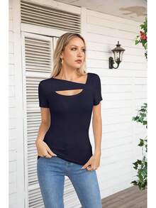 Womens Fashion Fall Cutout Long Sleeve Ribbed Slim Fitted Tops Shirts Tee Tshirts - 短版海軍藍 - 查看 3