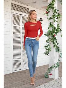 Womens Fashion Fall Cutout Long Sleeve Ribbed Slim Fitted Tops Shirts Tee Tshirts - Long-red - View 6