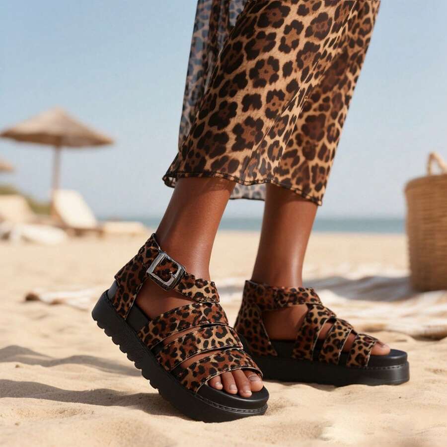 READY SALTED Boho Gladiator Ladies Sandals – Comfy Chunky Wedges, Summer Chic, Daily Commuter Essentials - Leopard - View 1